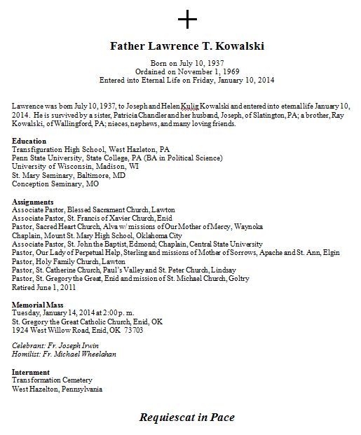 Obituary by the Archdiocese